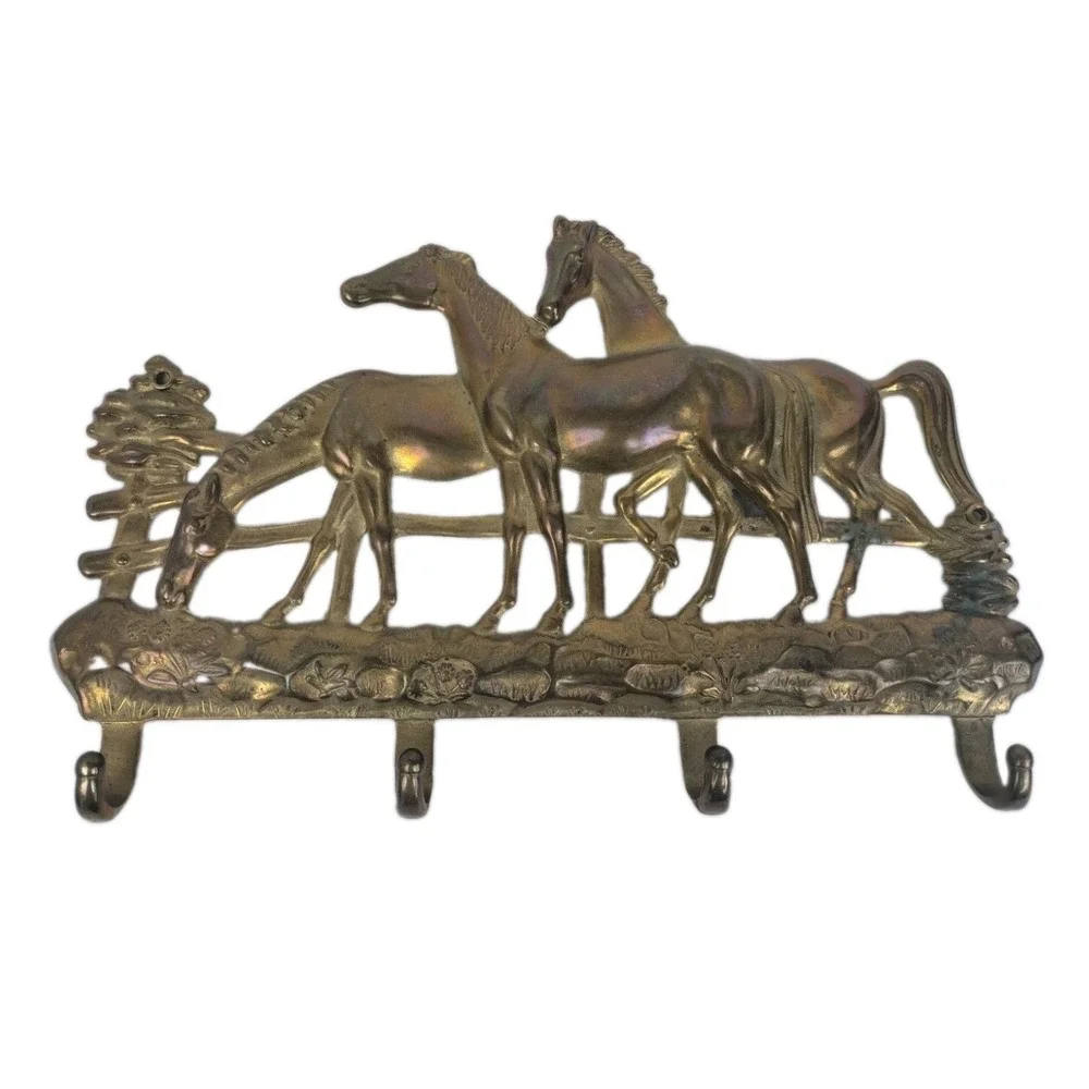 Vtg Brass Key Rack with Horses /Wall Rack Keyholder/Horse Art Italy? Patina!
